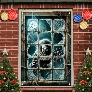 Imagem de Starlit Patio Capa de janela de palhaço assustador de Dia das Bruxas 118 x 78 cm, cenário de terror de palhaço assustador com vidro quebrado, pôster de janela assustadora para casa assombrada, festa