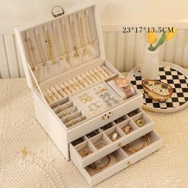 Imagem de Porta Joias Cx3077 para Relógios e Acessórios com 3 Camadas Fechadura e Fivela Branco OEM