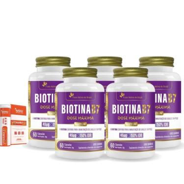 Imagem de Kit 05 Biotina B7 150% IDR 60 Caps + 1 Vitamim C+-Unissex