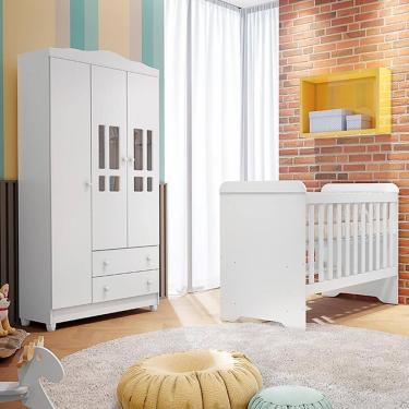 Imagem de Quarto Bebê Berço Americano 3 em 1 Gabrielle Guarda Roupa Infantil Ariel 3 Portas 100% MDF Branco Carolina Baby
