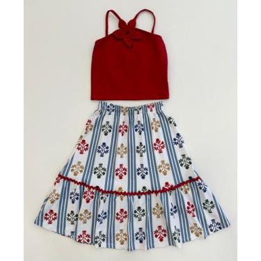 Imagem de Conjunto Infantil Nanai Cropped Vermelho Flor e Saia Listrada Floral P