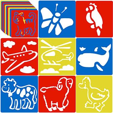 Imagem de Peohud 36 peças de estênceis para crianças, kits de modelos de desenho coloridos de 14 x 15 cm, modelos de estêncil de tinta em diferentes formas para crianças