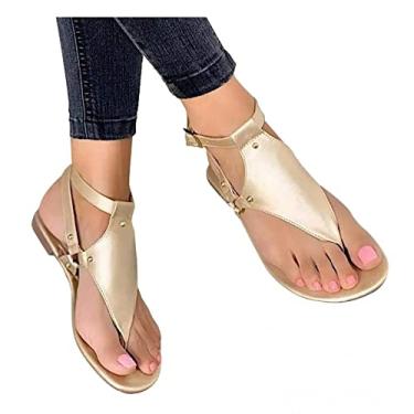 Imagem de Sandálias femininas elegantes de verão sandálias planas casuais femininas verão abertas fivela romana flip-flops tiras sapatos rasteiros dedo do pé feminino, Z01 - ouro, 7.5