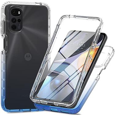 Imagem de Compatível com Motorola Moto E32 ?Capa de telefone gradiente hipertransparente com capa de tela de vidro temperado e capa de telefone anti-queda (azul, Motorola Moto E32)