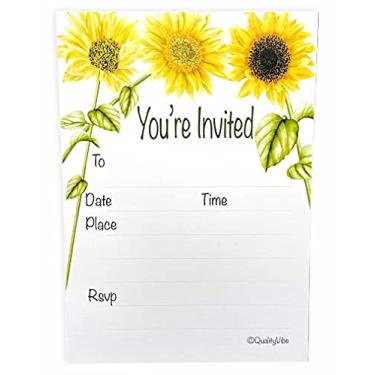 Imagem de You're Invited Sunflower Convitations Conjunto de 25 cartões com envelopes. Convites de girassol com design amarelo, branco e verde para casamento, chá de panela, chá de bebê, aniversários e festas de