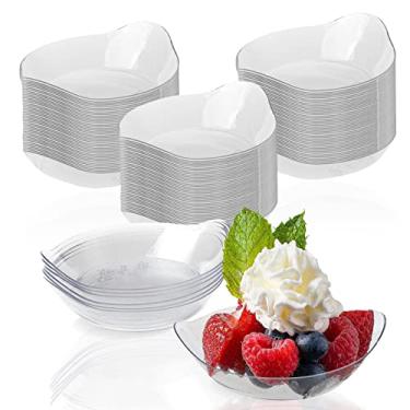 Imagem de 100 peças de pratos de sobremesa, mini tigelas de sobremesa descartáveis transparentes, copos de sorvete de plástico oval, bandeja de aperitivos, tigelas de molho, molho de tomate, molho de salada para churrasco, casa, festa, piquenique, reuniões de casamento