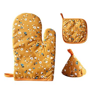Imagem de Luvas de forno de 4 peças luvas de cozinha e conjunto de suporte de panela luvas de forno de algodão macio para cozinha churrasco assar e grelhar cozinhar luvas resistentes ao calor almofadas quentes, amarelo, conjunto de 4