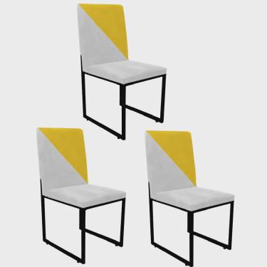 Imagem de Kit 03 Cadeira Office Stan Duo Sala de Jantar Industrial Ferro Preto Sintético Branco e Amarelo - Ahazzo Móveis
