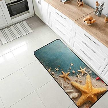 Imagem de Tapete de cozinha de concha, estrela-do-mar, areia antiderrapante, confortável, tapete de cozinha, tapete antifadiga para sala de jantar, lavanderia, escritório, corredor, 99 x 50 cm