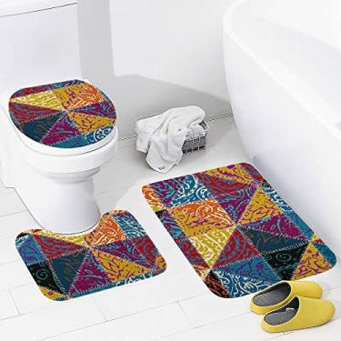 Imagem de Conjunto de tapetes de banheiro 3 peças Paisley estilo étnico indiano lavável tapete antiderrapante tapete de contorno e tampa para banheiro
