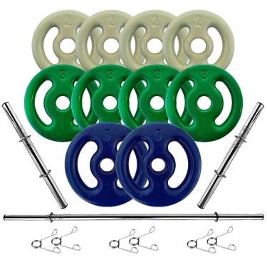 Imagem de Kit 30Kg Anilhas Emborrachadas com Barras de 40cm e 1,50m-Unissex
