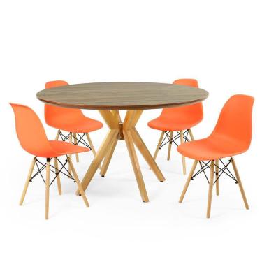 Imagem de Conjunto Mesa de Jantar Redonda Marci Premium Natural 120cm com 4 Cadeiras Eames Eiffel - Laranja