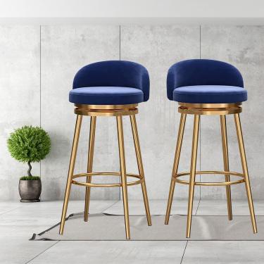 Imagem de Conjunto de bancos de bar com 2 cadeiras de bar giratórias com encosto de veludo para cozinha Banquetas de bar Cozinha Farmhouse Island Chairs, pernas de metal dourado, azul, 75 cm