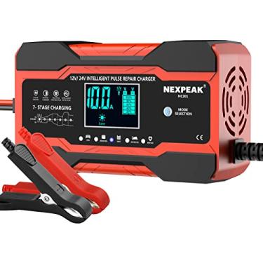 Imagem de Carregador de bateria de carro, 10 A 12 V/24 V manutenção automática inteligente com compensação de temperatura, ecrã táctil LCD e várias proteções para baterias de automóvel Moto AGM gel EFB barco