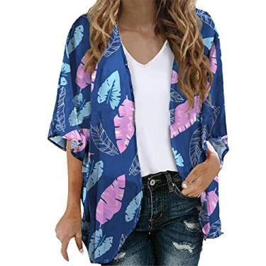 Imagem de Blusa feminina havaiana chiffon estampa floral manga bufante kimono cardigã solto blusa tops havaiano Top de verão Cobertura de praia Camisa plissada Blusa Camiseta F49-Roxo Small