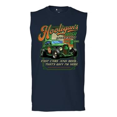 Imagem de Camiseta masculina Hooligan's Irish Speed Shop Dia de São Patrício Vintage Hot Rod Shamrock St Patty's Beer Festival, Azul marinho, P