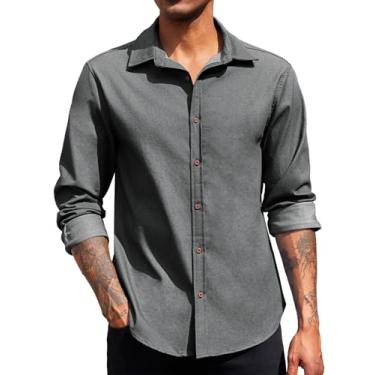 Imagem de Runcati Camisa masculina de botão, manga comprida, casual, negócios, modelagem regular, jeans, Cinza, XXG
