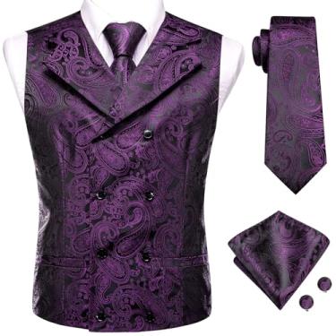 Imagem de BoShiNuo Conjunto de 4 peças slim colete gravata lenço abotoaduras seda masculino colete pescoço conjunto para terno vestido casamento Paisley Floral Coletes, 3117, X-Large