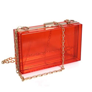 Imagem de WJCD Bolsa feminina transparente de acrílico, bolsa de mão pequena transparente transversal para noite aprovada pelo estádio com alça de corrente dourada, Vermelho, Small