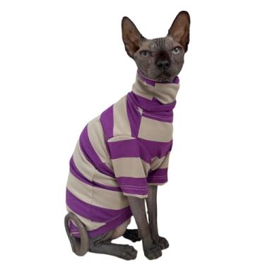 Imagem de Camiseta vintage listrada Sphynx para gatos sem pelos de algodão gola rolê roupas para animais de estimação camisetas com mangas para gatos Sphynx (listra roxa cinza larga, média)