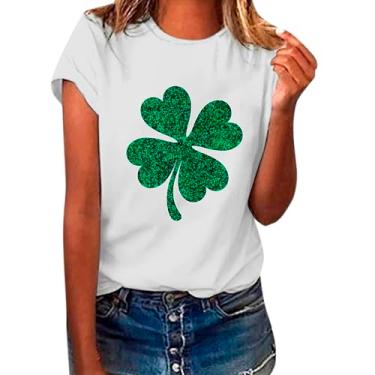 Imagem de Camisetas femininas do Dia de São Patrício Lucky Shamrock, túnica verde, manga curta, camiseta de verão, Branco, M