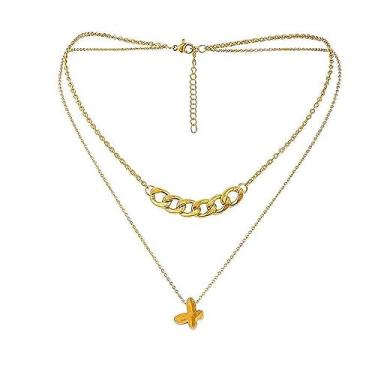 Imagem de Loqimu Colar elegante com pingente de borboleta de camada dupla - Gargantilha de aço de titânio dourado com corrente cubana plana - Corrente de pescoço de clavícula chique para mulheres e meninas