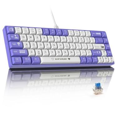Imagem de ATTACK SHARK AK680 Teclado Mecânico 60% com Fio, Hot-Swappable, RGB, Impressão UV, Controle de Som EVA, Anti-Ghosting, Programável, switch azul para Windows/Mac,Roxo e Branco