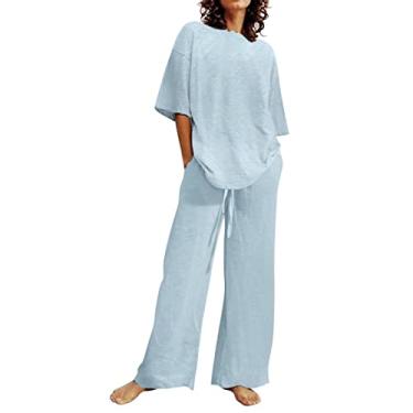 Imagem de Roupas femininas da moda de verão 2023 para mulheres, conjunto de 2 peças de linho roxo, blusas fofas, calças compridas, capri soltas, roupas casuais, Fa3-azul, XX-Large