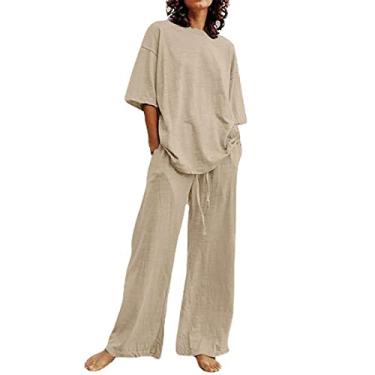Imagem de Roupas femininas da moda de verão 2023 para mulheres, conjunto de 2 peças de linho roxo, blusas fofas, calças compridas, capri soltas, roupas casuais, Fa2-cáqui, G