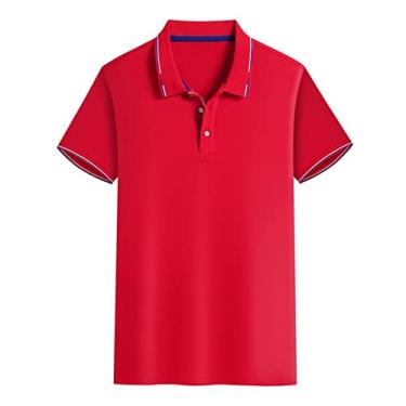 Imagem de Polos de desempenho masculino algodão listrado colarinho cor sólida camisa de malha colarinho manga curta absorção de umidade esporte seco casual(Color:Red Orange,Size:M)