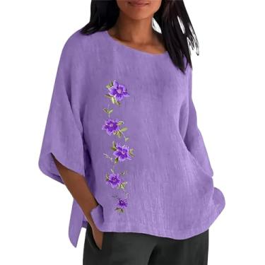 Imagem de Camiseta feminina Alzheimers Awareness de linho, camiseta floral roxa de Alzheimer, manga 3/4, gola redonda, blusas casuais, rosa, M