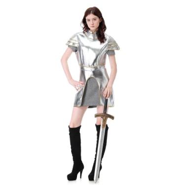 Imagem de Fantasia feminina de cavaleiro medieval slim fit cosplay guerreira cosplay fantasia adulto corrente armadura Joana d'Arc roupas respiráveis (prateado, GG