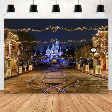 Imagem de Pano de fundo infantil para decorações de festa de aniversário MEETSIOY parque de diversões infantil vista noturna desenho animado castelo fundo tema de desenho animado faixa de festa de aniversário 3