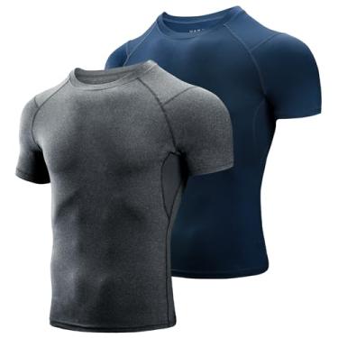 Imagem de Niksa Camisetas masculinas de compressão, pacote com 2, camisetas de compressão atlética de manga curta e secagem fresca, Azul marinho, cinza manchado, M