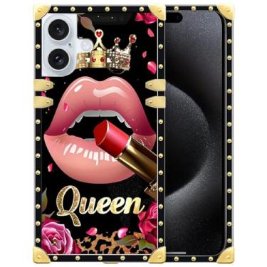 Imagem de WANKBLC Compatível com iPhone 16 Plus, batom rosa rosa rainha leopardo luxuoso decoração dourada para meninas mulheres TPU macio à prova de choque capa traseira rígida de policarbonato