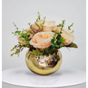 Imagem de Arranjo de flores rosas artificiais mistas no vaso dourado - La Caza S