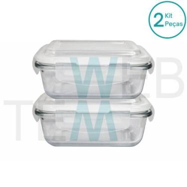 Imagem de Kit 2 Potes Herméticos Marmita de Vidro Retangular 640ml Tampa BPA Fre