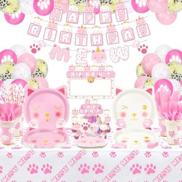 Imagem de 220 peças de suprimentos de festa de aniversário para gatos - balões de gato, faixa de aniversário, guirlanda MEOW, placa de pendurar DIY, topo de bolo, pratos, guardanapos, copos e toalha de mesa para decorações de aniversário de gatos, serve 20 convidados