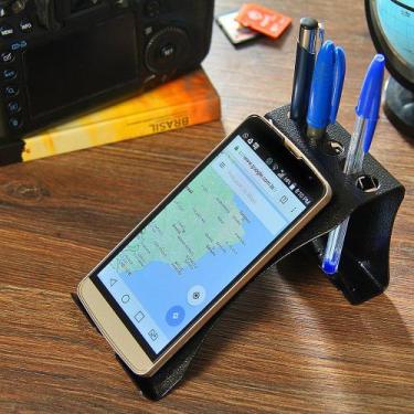 Imagem de Suporte Porta Celular e Canetas de Mesa Escritório Aço Preto - Maxx Di