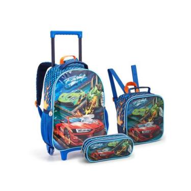 Imagem de Kit Mochila Rodinha Carros Lancheira Estojo Meninos Escolar - Seanite