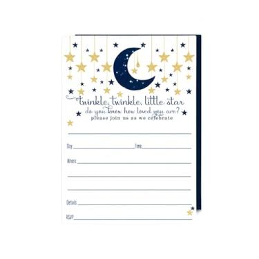 Imagem de Paper Clever Party Convites para chá de bebê Twinkle Little Star com envelopes, azul real celestial e dourado, pacote com 15 convidados, conjunto de cartões 4x6