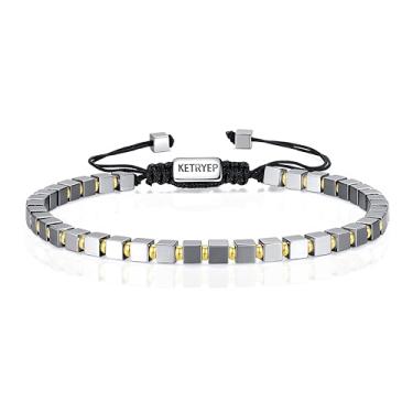 Imagem de ketryep Pulseiras masculinas com contas quadradas de 4 mm de pedra natural para homens ônix preto fosco ágata olhos de tigre lava rock hematita pulseiras para homens presentes de Natal e aniversário