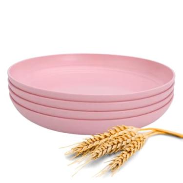 Imagem de Conjunto 4 Pratos Jantar Coloridos Refeição Adulto Criança Infantil Resistente Ecológico Palha de Trigo Seguro Microondas Lava Louças Freezer e Geladeira Reutilizável (Rosa)
