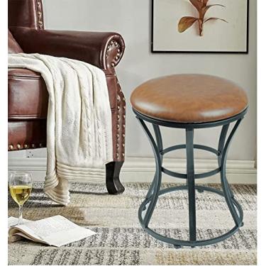 Imagem de Ellensamqi Cadeira de banco, banqueta moderna para maquiagem com pernas pretas – costas nuas – assento redondo para otomanos, para sala de maquiagem, quarto, banheiro, móveis de couro marrom