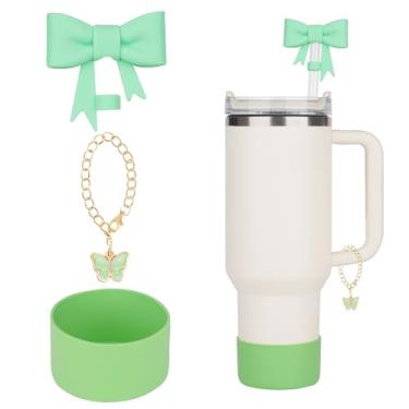 Imagem de Conjunto de capa de canudo de arco de 3 peças para copo Stanley: capa de palha de laço fofo, bota de silicone, corrente de charme para copo de 30/1,134 g com alça verde