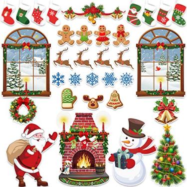 Imagem de Conjunto de 33 peças de quadro de avisos de Natal lareira Papai Noel boneco de neve árvore de Natal janela de inverno decoração de quadro de avisos com guirlanda de sino de natal recortes de meia de Natal para sala de aula de Natal decoração de casa