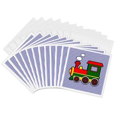Imagem de 3dRose Lindo trem vermelho verde amarelo fundo listrado azul - cartões comemorativos, 15 x 15 cm, conjunto de 12 (gc_25420_2)