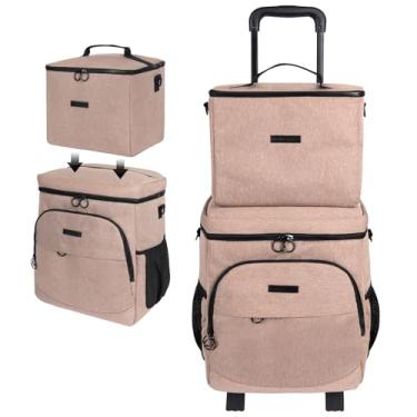 Imagem de MOV COMPRA bolsa térmica com rodas duplas, grande, removível, isolada, rolante, refrigerador, dobrável, à prova de vazamentos, portátil, para acampamento, piquenique, viagens na praia (cáqui