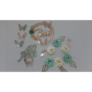 Imagem de Topo de Bolo Flores Marfim Verde Água com Rose personalizado - MIW ART