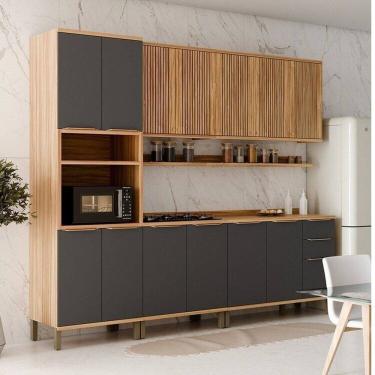 Imagem de Cozinha Modulada Completa 270cm 5 Peças 13 Portas com Tampo 100% MDF Noruega Fresada Espresso Móveis Amêndoa/Cinza
